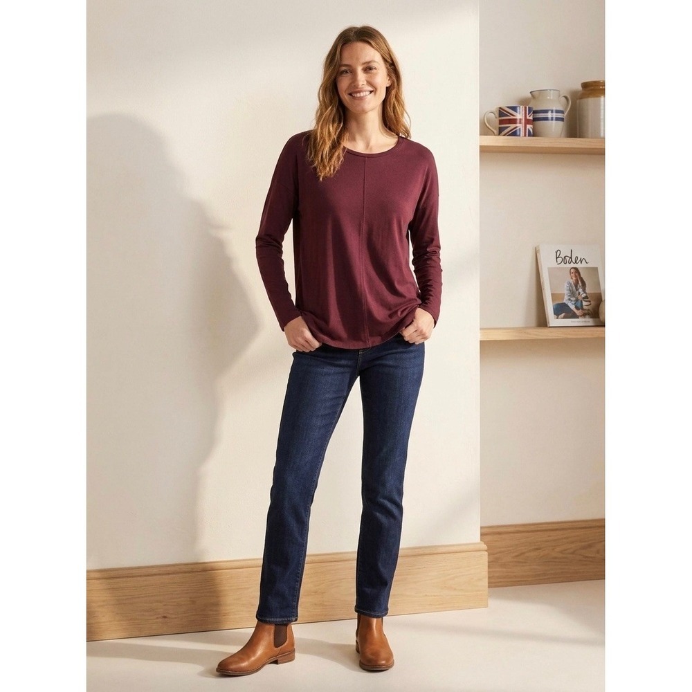 Boden W0108 Burgundy Modal Cotton Long Sleeve Seam Detail Tee Top US 4 UK 8